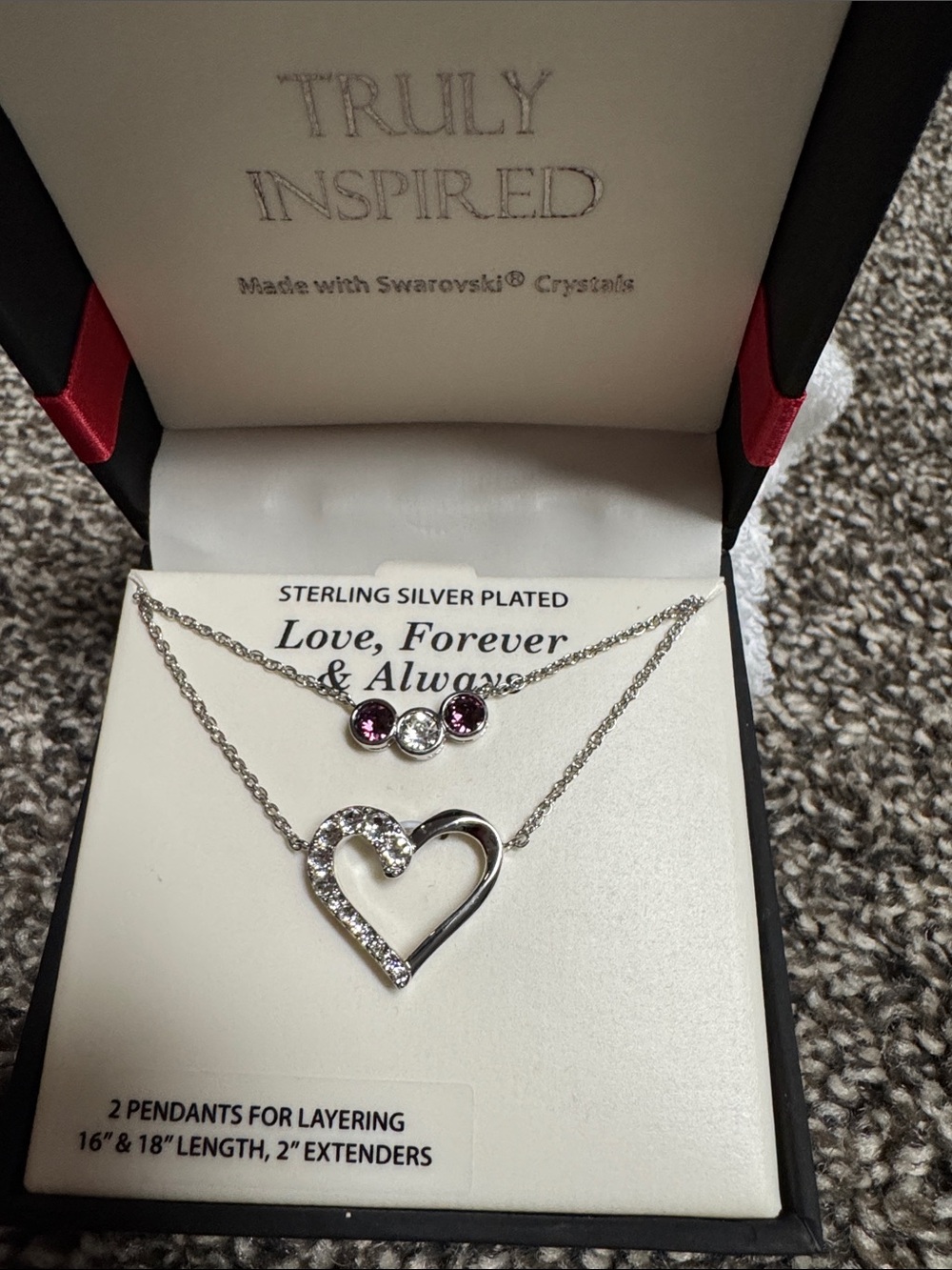 Sterling Silver-Plated Heart Layered Necklace with Purple Crystals, nwot